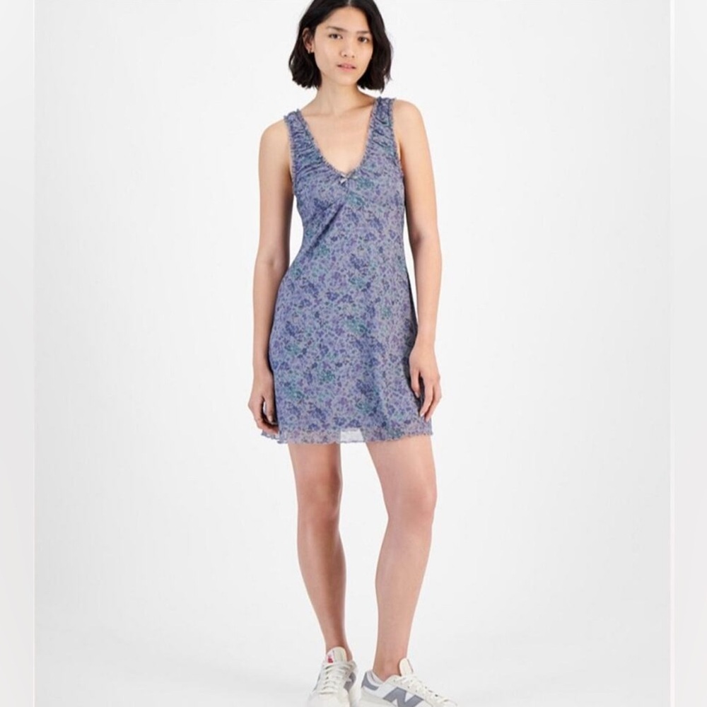 Hippie Rose Purple Grey Floral Mesh V-Neck Mini Dress NWT